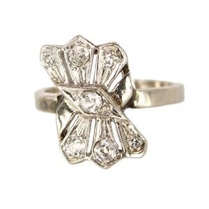 Antique 14kt White Gold Natural Old Mine Cut Diamond Cocktail Fan Ring Size 7